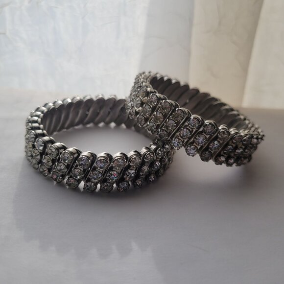 Vintage BSK Silver-Tone Rhinestone Stretch Bracelets Set Of 2 Made In British Ho - Picture 2 of 8